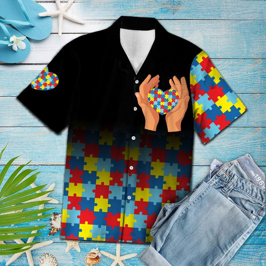 Holding Autism Puzzle On Hand In Black Hawaiian Shirt, Hawaiian Shirt Gift, Christmas Gift