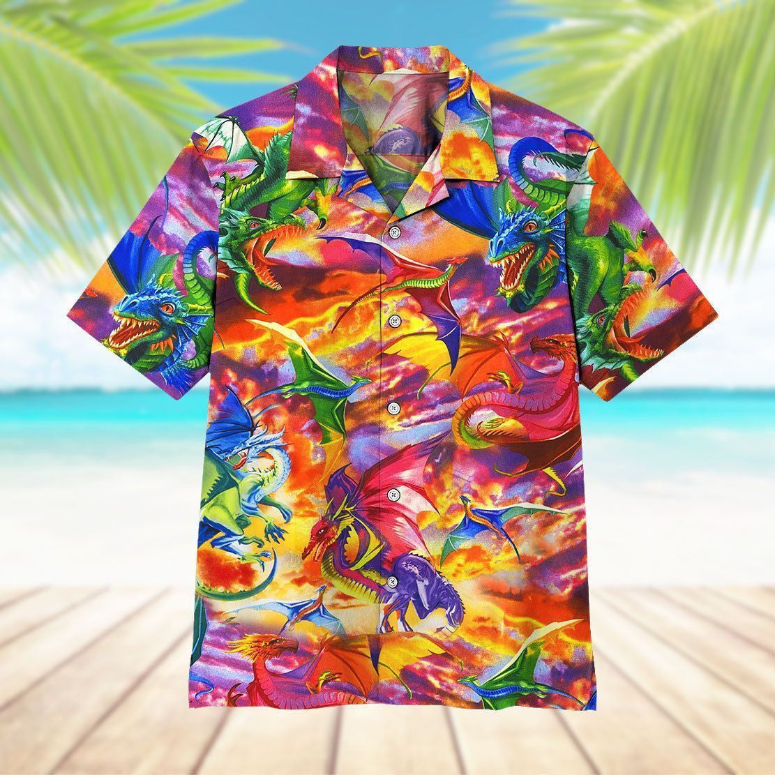 Colorful Dragon And Leaves 3D Pattern Hawaiian Shirt, Hawaiian For Gift