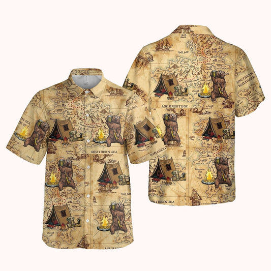 Camping Bear On Tan Background Design Hawaiian Shirt, Hawaiian For Gift