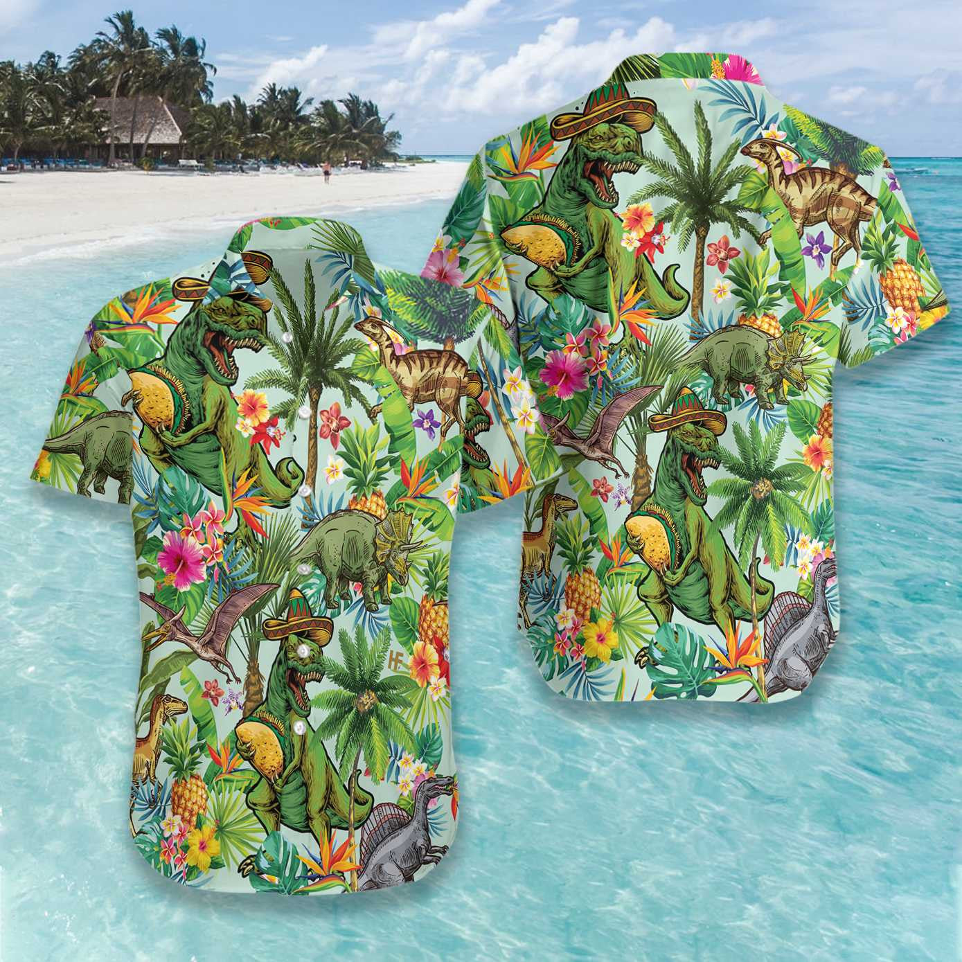 Prehistoric Creature Tropical Dinosaur Hawaiian Shirt,Hawaiian Shirt Gift, Christmas Gift
