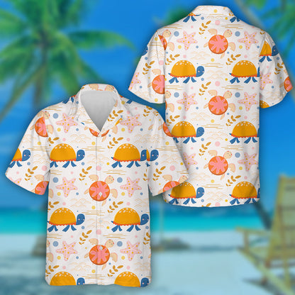 Sea Turtles And Seaweed In Cartoon Background Hawaiian Shirt, Hawaiian Shirt Gift, Christmas Gift