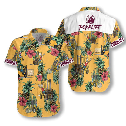 Forklift Pineapple Seamless Pattern Gold Design Hawaiian Shirt,Hawaiian Shirt Gift, Christmas Gift