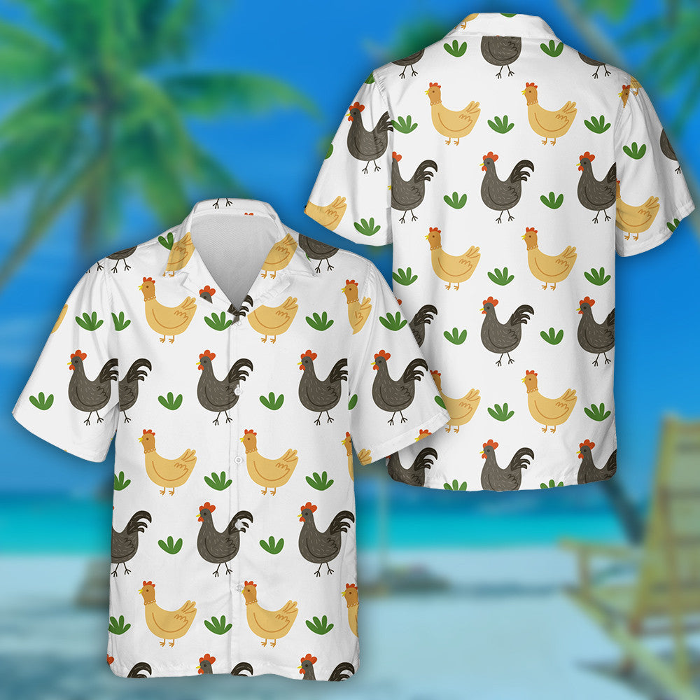 Chicken And Rooster With Grass On Gray Background Hawaiian Shirt, Hawaiian Shirt Gift, Christmas Gift