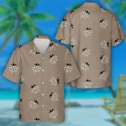 Strawberries With Leopard Ornament In Beige Tones Hawaiian Shirt, Hawaiian Shirt Gift, Christmas Gift
