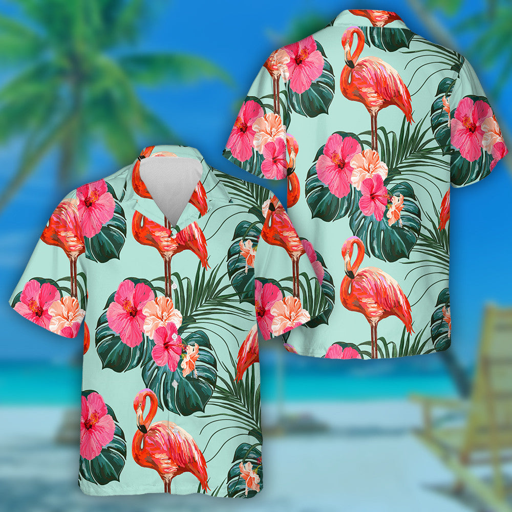 Beautiful Flamingo With Palm Leave And Floral Hawaiian Shirt, Hawaiian Shirt Gift, Christmas Gift