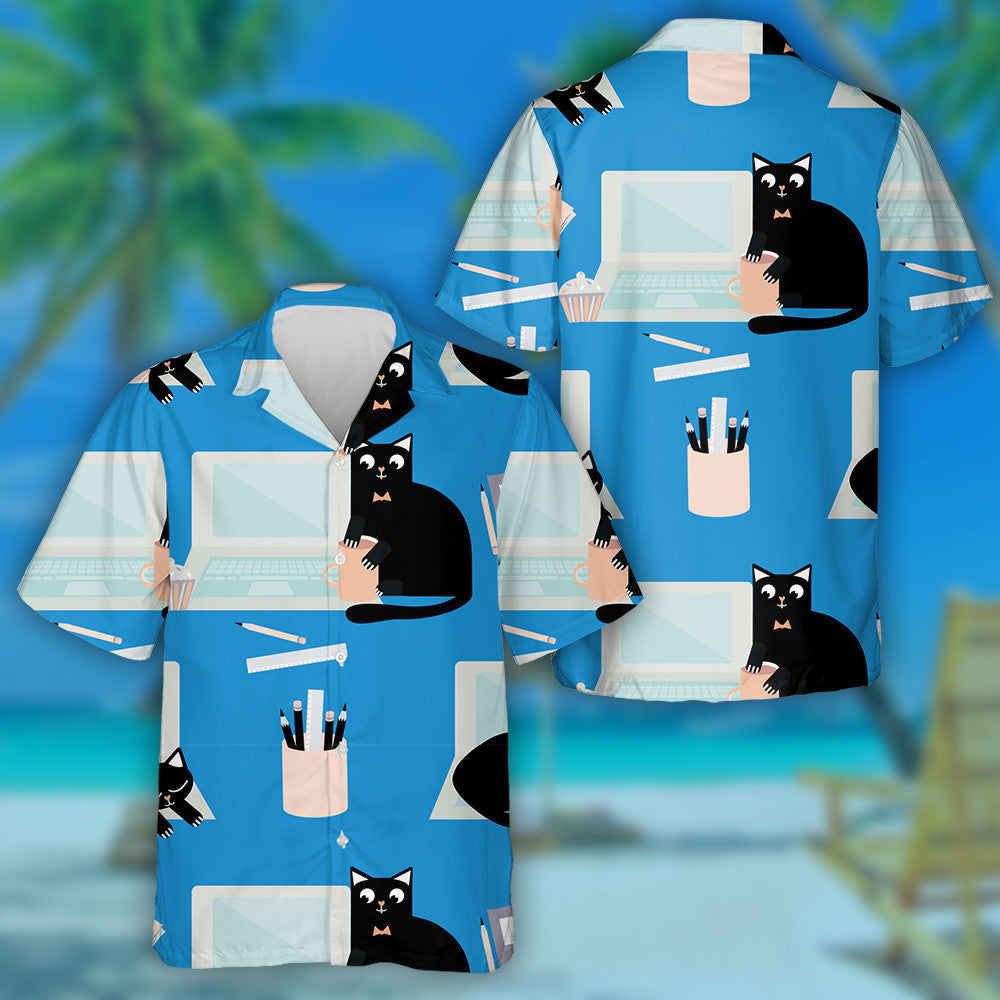 Hand Drawn Cute Laptop And Cartoon Cat Hawaiian Shirt, Hawaiian Shirt Gift, Christmas Gift