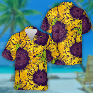 Hand Drawn Flower Sunflower With Purple Heart And Rose Hawaiian Shirt, Hawaiian Shirt Gift, Christmas Gift