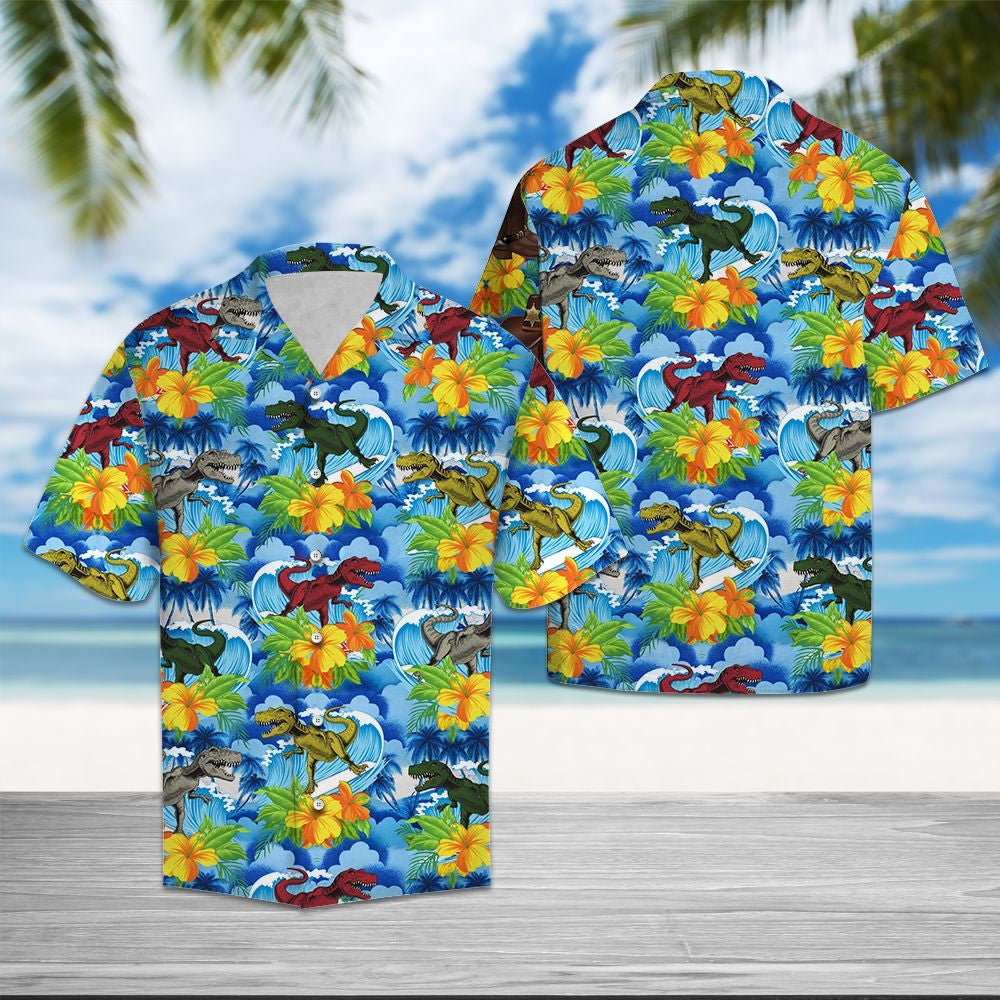 Dinosaur Blue Tropical Leaves And Flowers Hawaiian Shirt,Hawaiian Shirt Gift, Christmas Gift