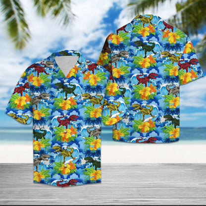 Dinosaur Blue Tropical Leaves And Flowers Hawaiian Shirt,Hawaiian Shirt Gift, Christmas Gift