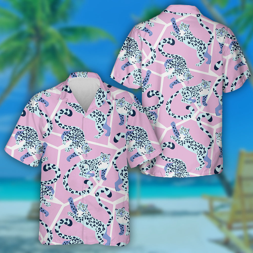 Playful Snow Leopards In Trendy Memphis Style Hawaiian Shirt, Hawaiian Shirt Gift, Christmas Gift
