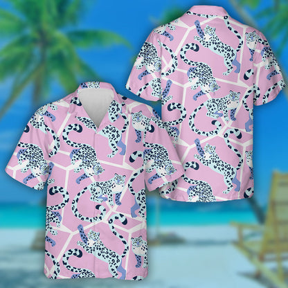 Playful Snow Leopards In Trendy Memphis Style Hawaiian Shirt, Hawaiian Shirt Gift, Christmas Gift