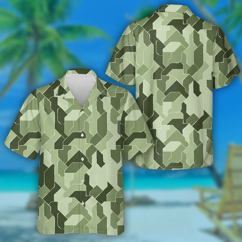 Modern Geometric Green Camouflage Pattern Hawaiian Shirt,Hawaiian Shirt Gift, Christmas Gift