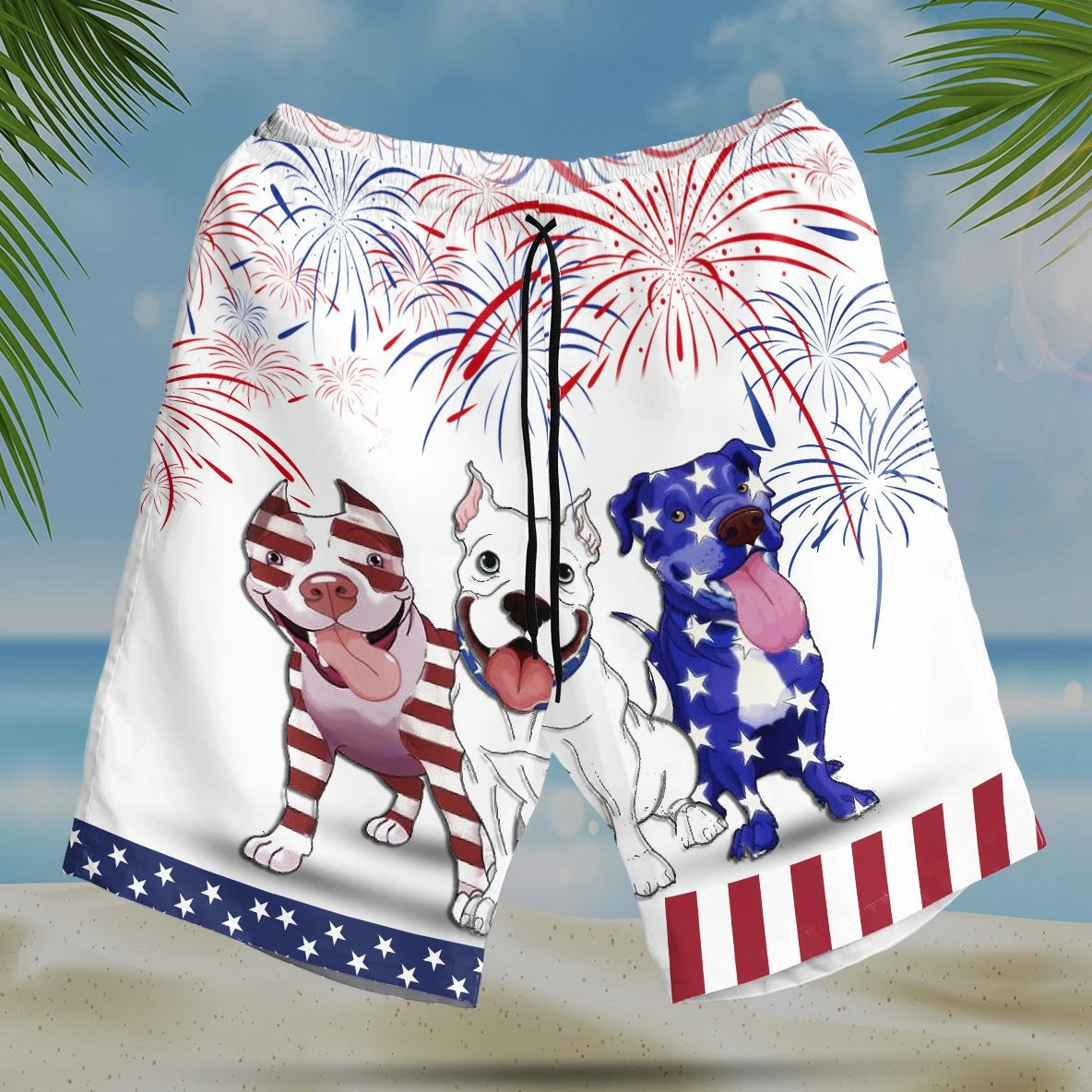 Cute Pitbull Pattern Red And Blue Firework Hawaiian Shirt, Hawaiian Shirt Gift, Christmas Gift