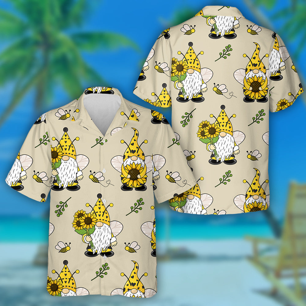 Lovely Gnomes Bees Sunflowers Cartoon Pattern Hawaiian Shirt, Hawaiian Shirt Gift, Christmas Gift