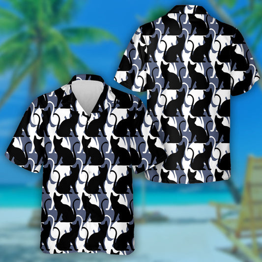 Black And White Cat Silhouette Background Hawaiian Shirt, Hawaiian For Gift