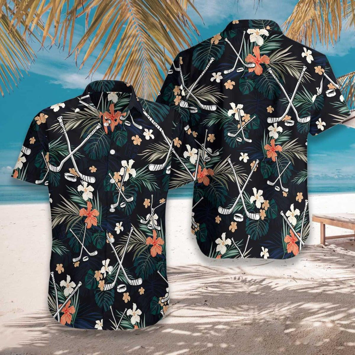Hockey Tropical Hibiscus Plumeria Black Blue Design Hawaiian Shirt, Hawaiian Shirt Gift, Christmas Gift