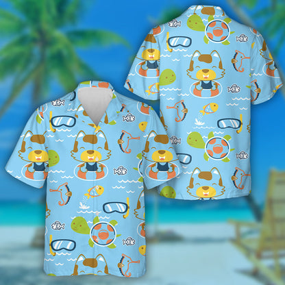 Cute Animals Cartoon Swimming Turtle And Cat Hawaiian Shirt, Hawaiian Shirt Gift, Christmas Gift