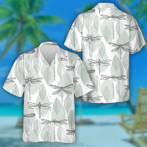 Abstract Leaves And Dragonflies On White Hawaiian Shirt, Hawaiian Shirt Gift, Christmas Gift