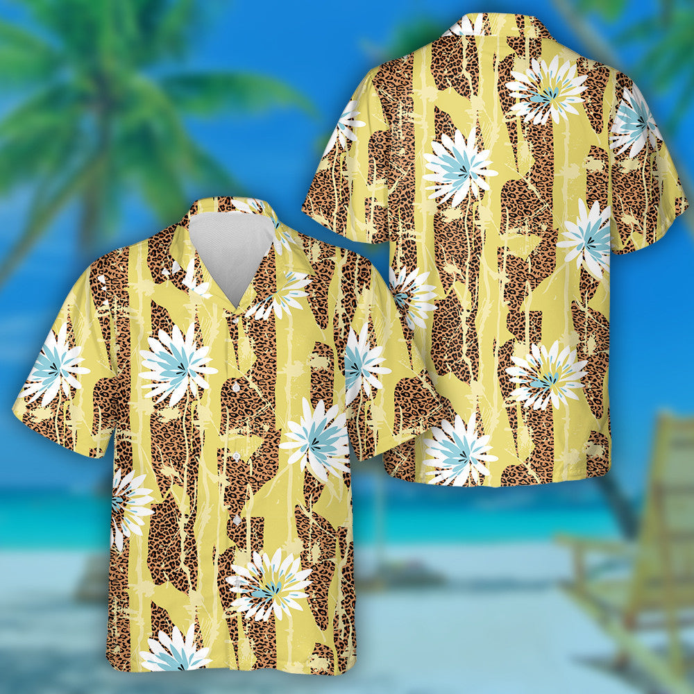 Liopard Afracach Fiáin Agus Uigeacht Bláthanna Cúlra Buí Léine Haváís, Bronntanas Léine haváí, Bronntanas Nollag