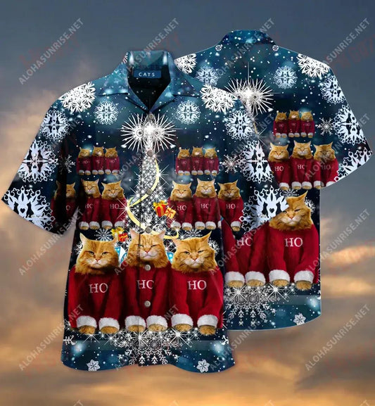 Léinte Gearr Muinchille Nollag Ho Ho Cat Caitheamh aimsire Léinte Haváís Saincheaptha Léinte Haváís D'Fhir, Bronntanas Léine Haváís, Bronntanas Nollag