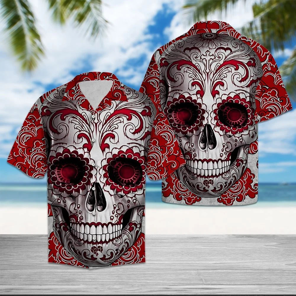 Skull With Red Floral Cool Hawaiian Shirt,Hawaiian Shirt Gift, Christmas Gift