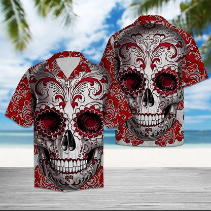 Skull With Red Floral Cool Hawaiian Shirt,Hawaiian Shirt Gift, Christmas Gift