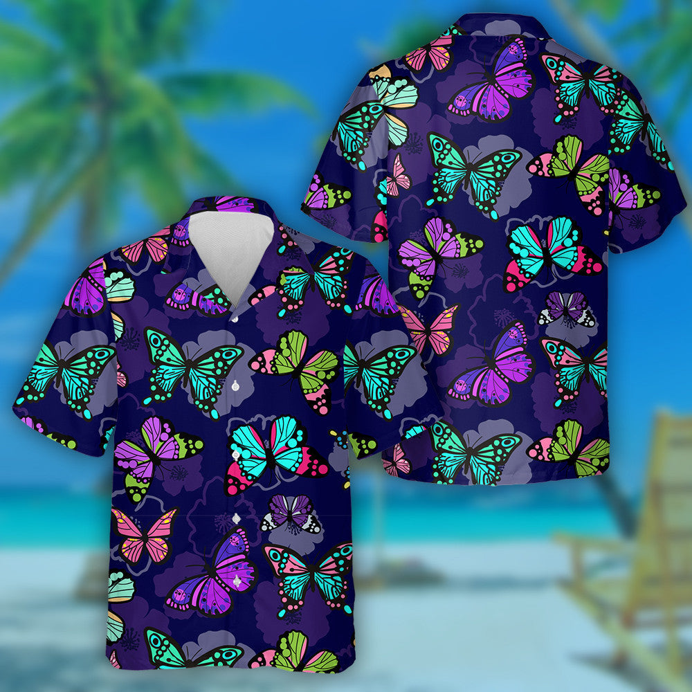 Hand Drawn Butterflies And Flora On Purple Hawaiian Shirt, Hawaiian Shirt Gift, Christmas Gift