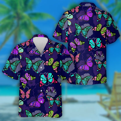Hand Drawn Butterflies And Flora On Purple Hawaiian Shirt, Hawaiian Shirt Gift, Christmas Gift