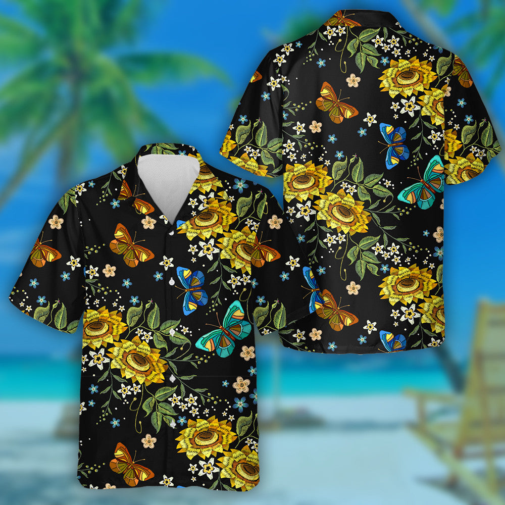 Theme Mystical Embroidery Sunflowers And Butterflies Hawaiian Shirt,Hawaiian Shirt Gift, Christmas Gift