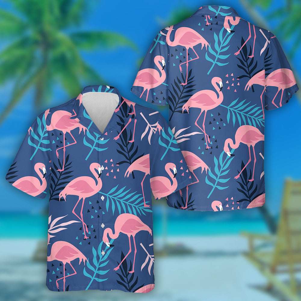 Pink Flamingos Tropical Palm Leaves And Flowers Hawaiian Shirt, Hawaiian Shirt Gift, Christmas Gift