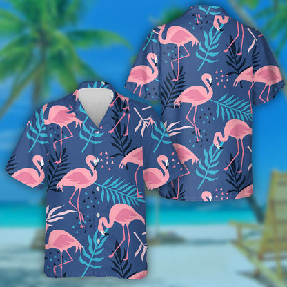 Pink Flamingos Tropical Palm Leaves And Flowers Hawaiian Shirt, Hawaiian Shirt Gift, Christmas Gift