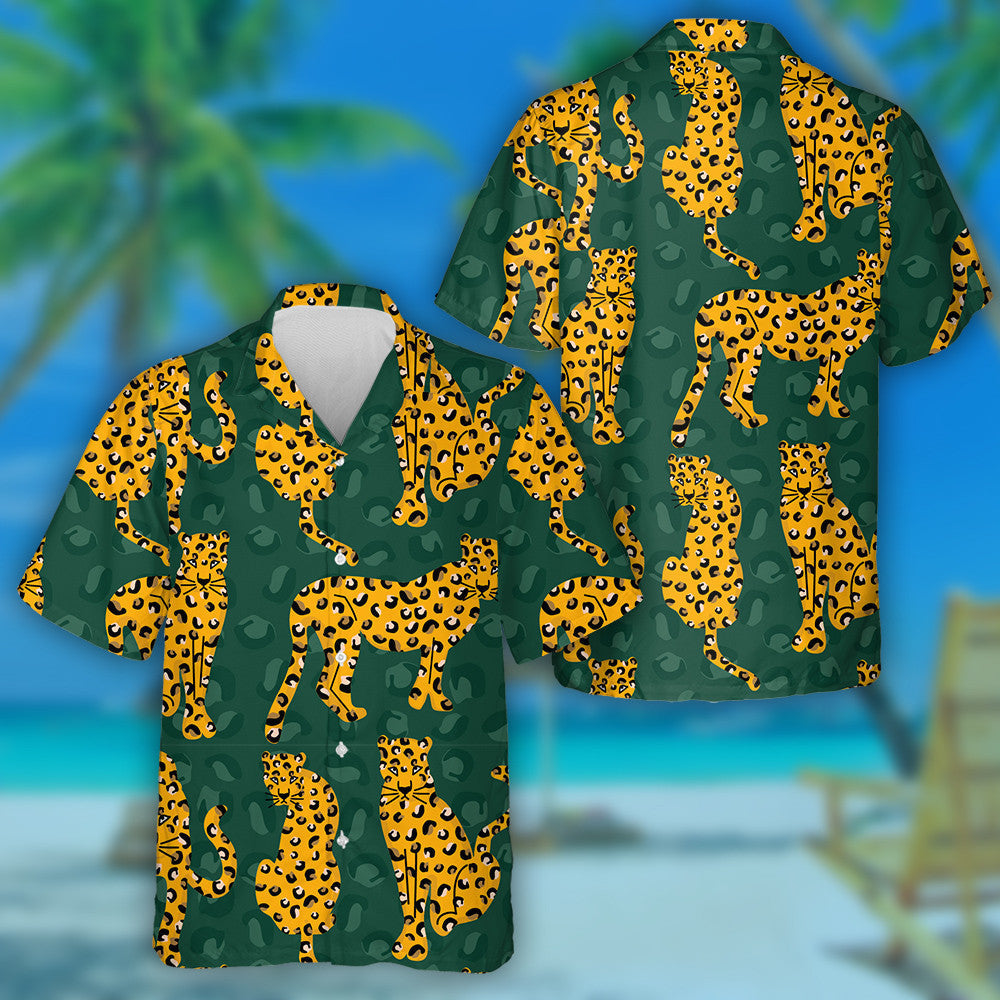Trendy Yellow Leopards On Green Leopards Skin Hawaiian Shirt, Hawaiian Shirt Gift, Christmas Gift