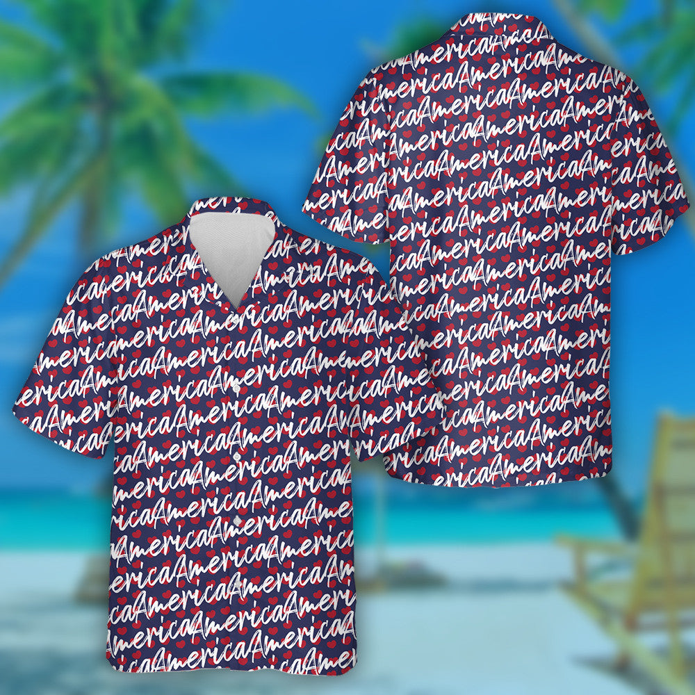 Hand Scripts American And Red Heart Pattern Hawaiian Shirt, Hawaiian Shirt Gift, Christmas Gift