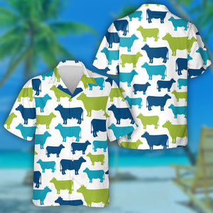 Blue Green And Navy Cow Silhouette Hawaiian Shirt, Hawaiian For Gift