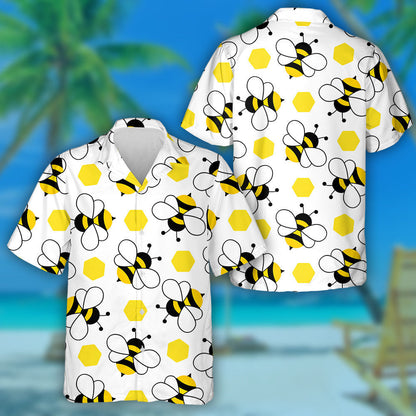 Natural Cartoon Black Yellow Bees And Hexagon Hawaiian Shirt, Hawaiian Shirt Gift, Christmas Gift