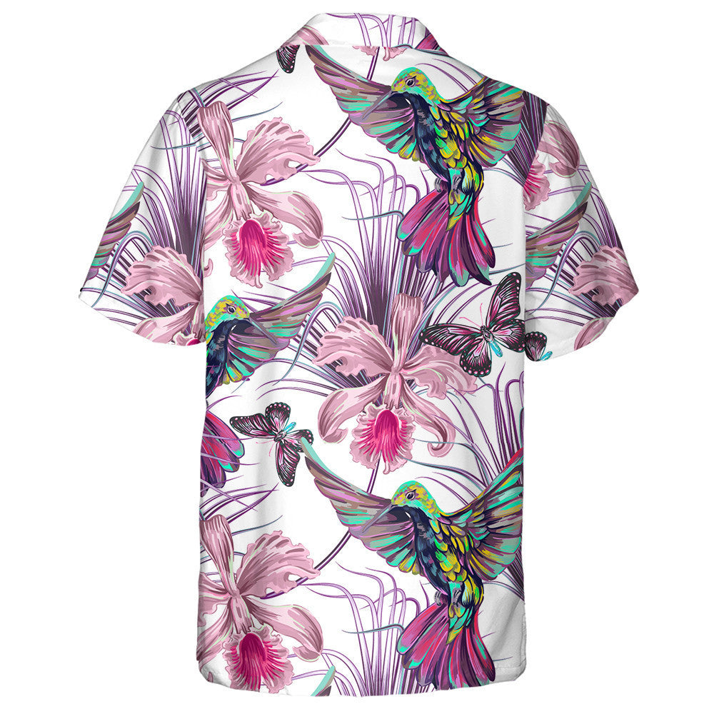 Theme Flying Hummingbirds Palm Leaves Orchids And Butterflies Hawaiian Shirt, Hawaiian Shirt Gift, Christmas Gift