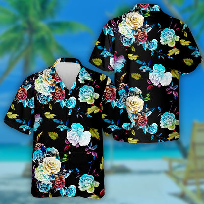 Rósanna Ildathanna Agus Duilleoga ar Chúlra Dubh Dearadh Léine Haváís, Bronntanas Léine Haváíais, Bronntanas Nollag