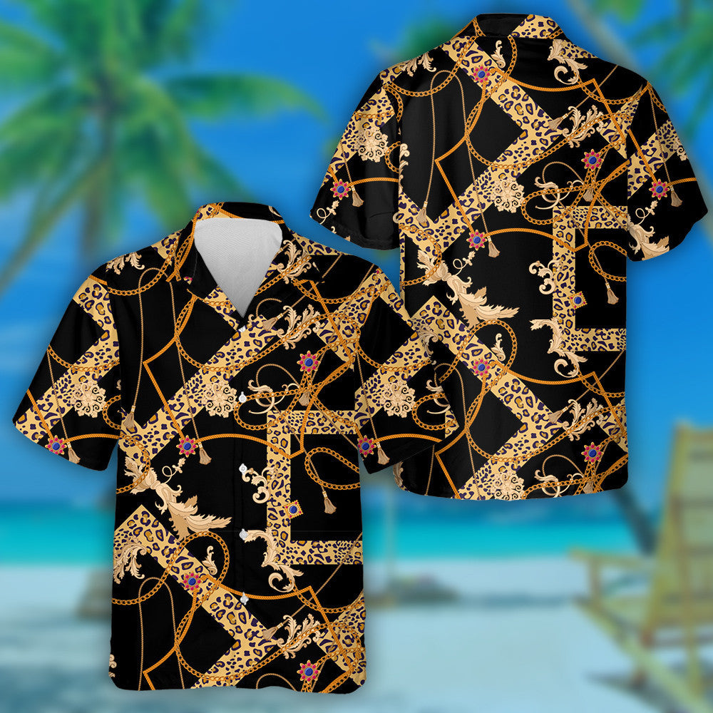 Golden Chains And Leopard Spotted Square Hawaiian Shirt,Hawaiian Shirt Gift, Christmas Gift