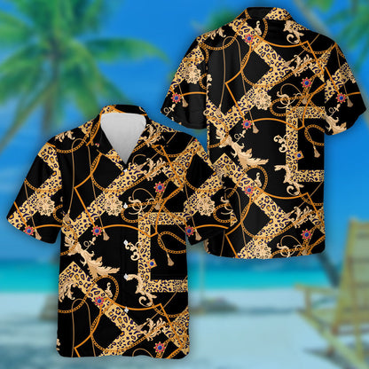 Golden Chains And Leopard Spotted Square Hawaiian Shirt,Hawaiian Shirt Gift, Christmas Gift