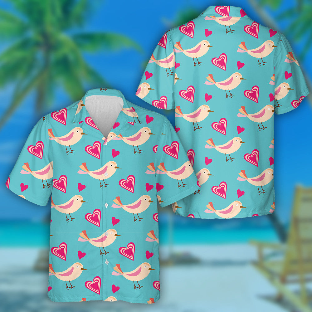 Cute Birds With Blue And Pink Hearts Hawaiian Shirt, Hawaiian Shirt Gift, Christmas Gift
