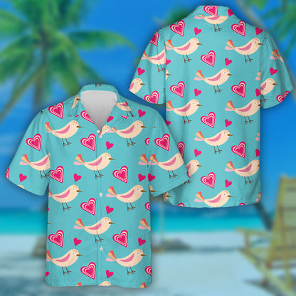 Cute Birds With Blue And Pink Hearts Hawaiian Shirt, Hawaiian Shirt Gift, Christmas Gift