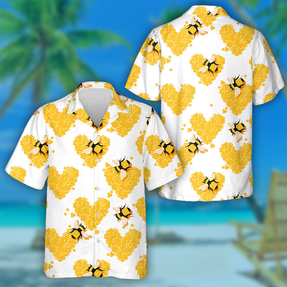 Honeycomb In The Form Of Heart And Bees Hawaiian Shirt,Hawaiian Shirt Gift, Christmas Gift