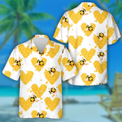 Honeycomb In The Form Of Heart And Bees Hawaiian Shirt,Hawaiian Shirt Gift, Christmas Gift