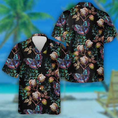 Hand Drawn Cotton Flowers And Colorful Butterflies Hawaiian Shirt, Hawaiian Shirt Gift, Christmas Gift