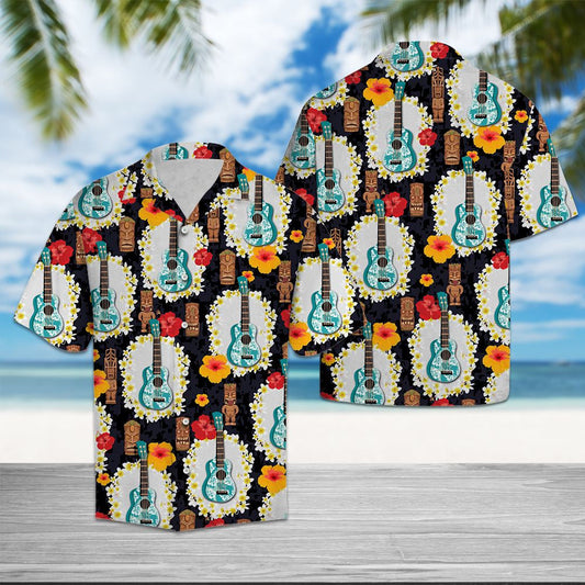 Ukulele Tiki With Hibiscus Design Hawaiian Shirt, Hwaiian For Gift