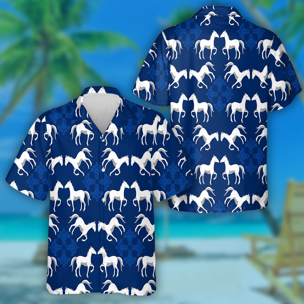 Classic Blue Trend Color Horse And Damask Hawaiian Shirt, Hawaiian Shirt Gift, Christmas Gift