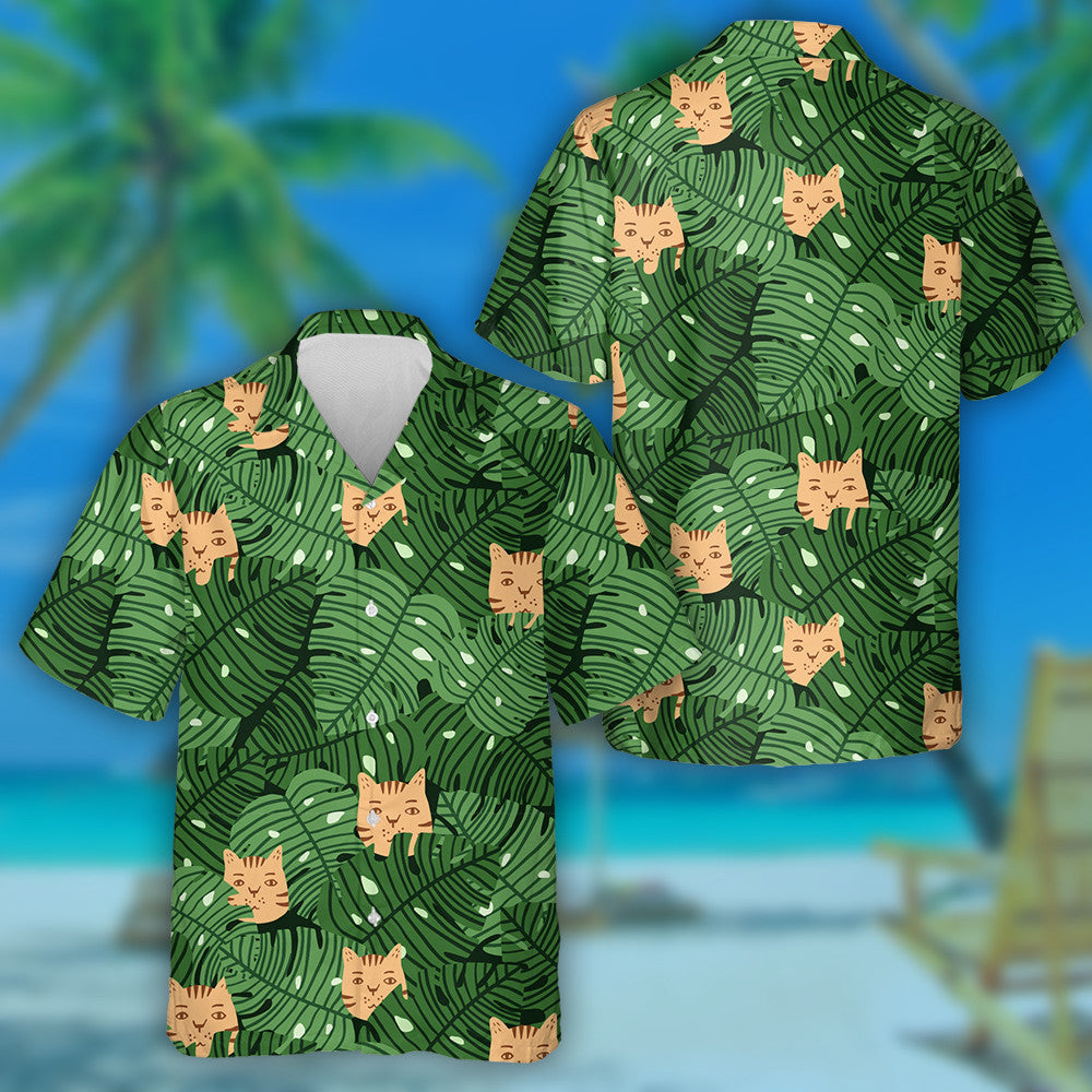 Duilleoga Monstera Agus Aghaidheanna Cait I Léine Haváí Glas Agus Oráiste, Bronntanas Léine Haváís, Bronntanas Nollag