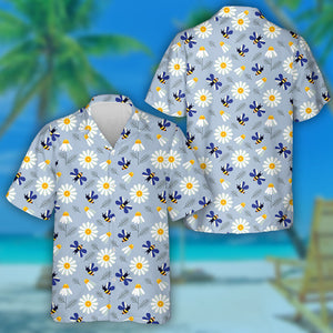 Blue Wing Bees And Chamomile Flowers Hawaiian Shirt, Hawaiian For Gift