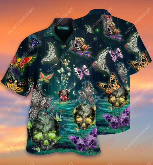 Head Of Dead Butterfly Skull Short Short Sleeve Shirt Ocean Hawaiian T Shirts Custom Hawaiian Shirts Hawaiian Shirts For Men, Hawaiian Shirt Gift, Christmas Gift