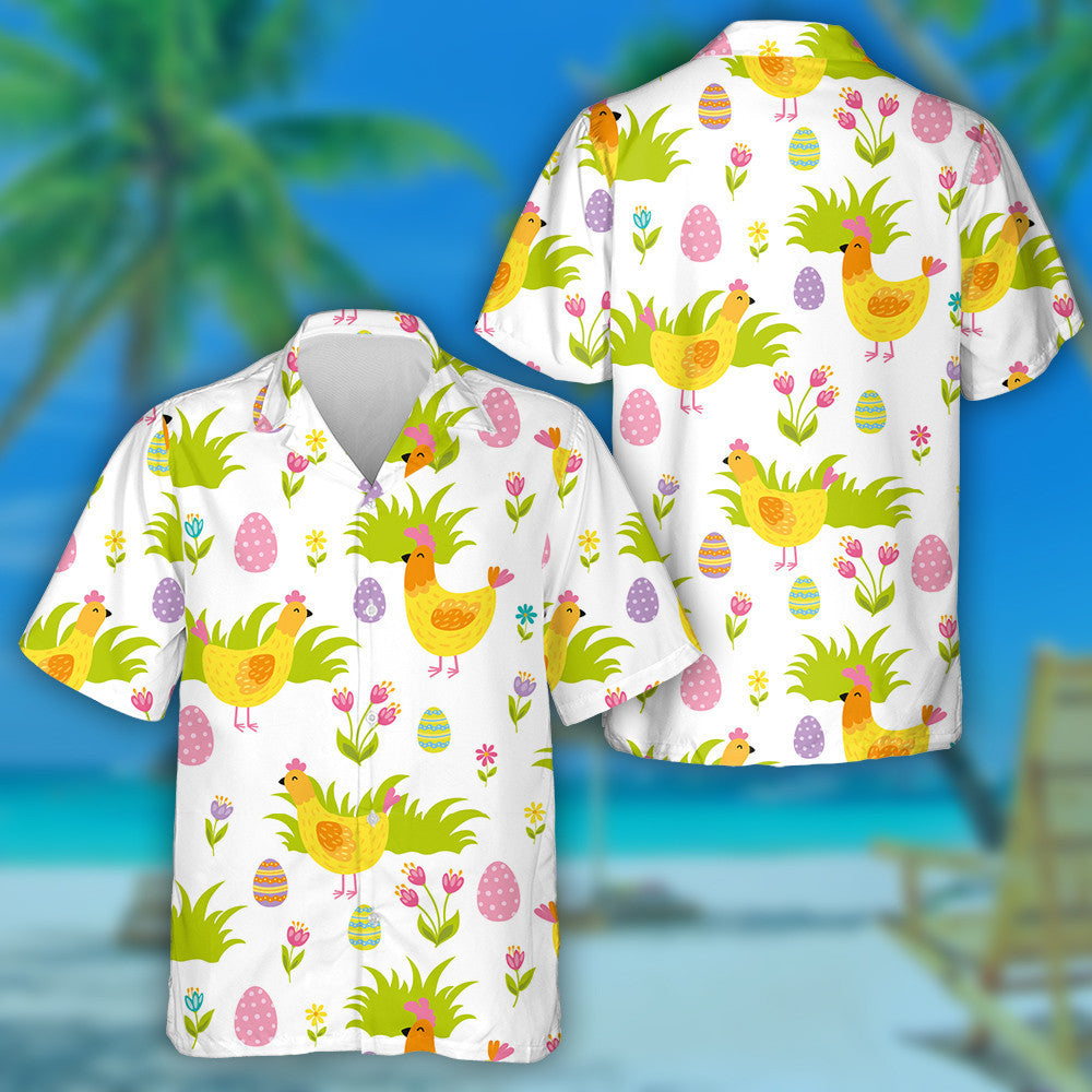 Cute Chickens Grass Colorful Eggs And Flowers Hawaiian Shirt, Hawaiian Shirt Gift, Christmas Gift